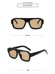 Front and side views of oversized square black sunglasses with brown lenses and wide frames