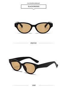 Retro cat-eye sunglasses in black and brown with silver rivets shown from front and side