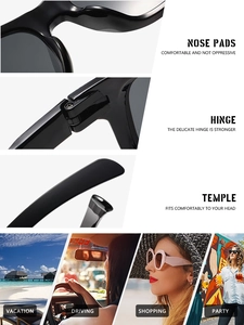 Detail view of black square sunglasses showing hinges, nose pads, and temple design
