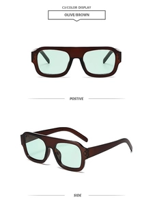 Detail of retro oversized square sunglasses in C3 olive brown with green lenses