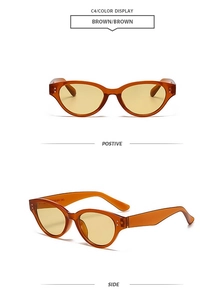 Detail view of retro cat-eye sunglasses with brown transparent frames and tinted lenses