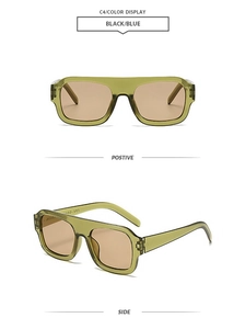 Close-up of olive green translucent square frames with detailed inner temple serial number