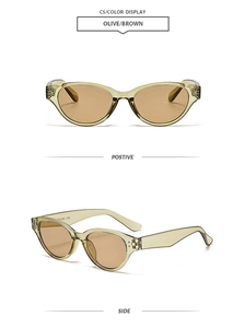 Detailed views of vintage olive cat-eye sunglasses with brown lenses and metal hinges