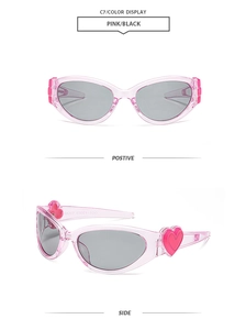Detailed side and front view of pink translucent heart-frame sunglasses with grey lenses