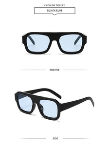 Detailed front and side views of chunky black square sunglasses with light blue lenses