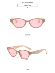 Front and side views of pink cat-eye sunglasses with metal stud accents on clear frame