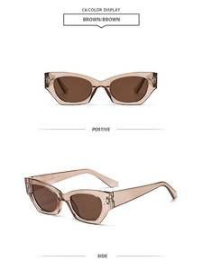 Détail des lunettes de soleil œil de chat marron montrant la texture et les spécifications