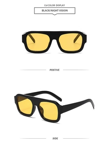 Detail view of square black frame sunglasses with night vision yellow lenses for driving