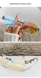 Detail of nickel star decor and ice blue anti-blue light lens on rimless sunglasses