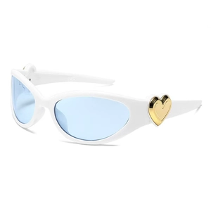 Y2K style white sunglasses with light blue lenses and gold heart decor on the temple