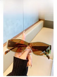 Detailed macro of silver metal half-frame sunglasses with leopard print temples