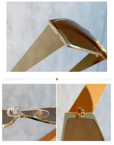 Detailed views of gold metal frame corners and silicone nose pads on oversized sunglasses