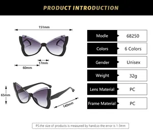Detailed size chart and specifications for butterfly frame oversized fashion sunglasses