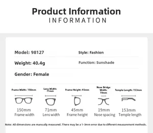 Sizing chart and detailed dimensions for model 98127 vintage metal oversized sunglasses