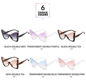 Detailed grid of butterfly sunglasses in six colors with gradient lenses and stylish frames