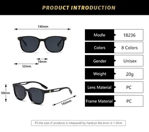 Detailed size chart for retro sunglasses showing frame dimensions and PC material specs