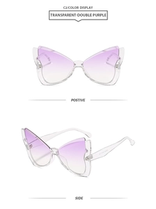 Front and side view of butterfly frame sunglasses in transparent double purple gradient