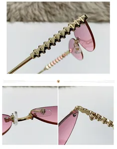 Close-up of pink rimless sunglasses with gold studded temples and soft silicone nose pads