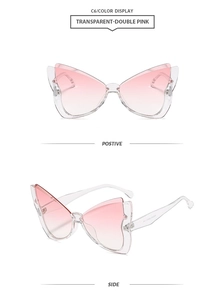 Detailed front and side views of transparent pink butterfly frame sunglasses