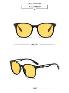 Detail of black sunglasses with yellow lenses featuring a gold leopard head on the temple