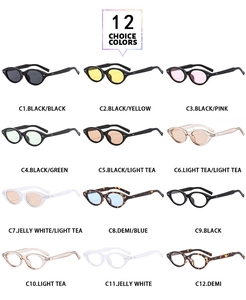 Detailed catalog showing 12 color variants of vintage small round frame sunglasses