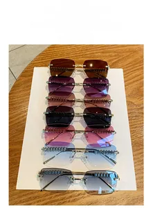 Detailed display of frameless square sunglasses in seven gradient colors with metal temples