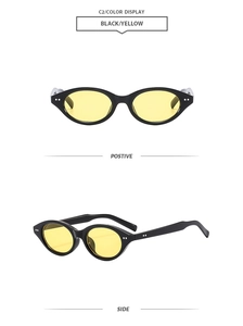 Front and side view of retro oval sunglasses with black frames and yellow lenses