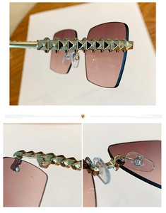Macro detail of gold metal temples with pyramid rivets and adjustable nose pads on sunglasses