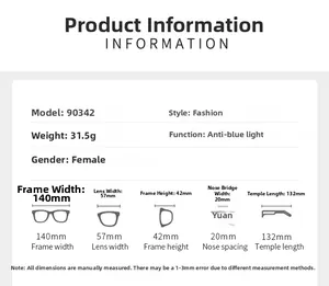 Detailed size specifications and measurements chart for fashion rimless square sunglasses