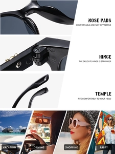 Detailed views of stylish black sunglasses with durable hinges and comfortable nose pads
