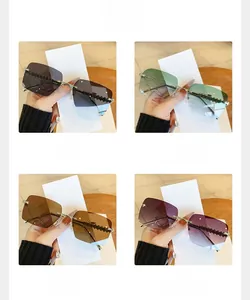 Detail view of four color lens options for rimless rectangular sunglasses with metal temples