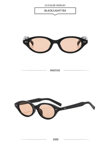 Detail view showing black oval sunglasses with light tea lenses from front and side angles