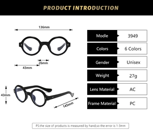 Spécifications techniques et dimensions détaillées pour lunettes rondes vintage en PC