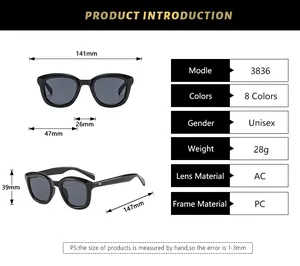 Detailed size guide for square frame sunglasses with measurements and technical specs