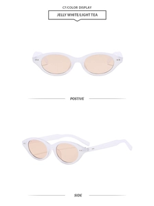 Detailed front and side view of oval jelly white sunglasses with light tea lenses