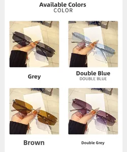 Detail view of rimless polygon sunglasses with textured gold metal temples in four colors