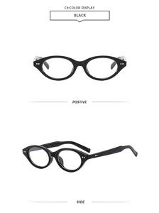 Front and side view of black oval sunglasses featuring thick frames and dot accents