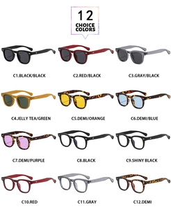 Matrix display of 12 color options for classic square frame sunglasses and lenses