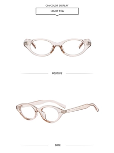 Detailed views of light tea oval sunglasses showing front and side profile hinges
