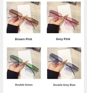 Detailed grid view of rimless rectangular sunglasses in four gradient color variations