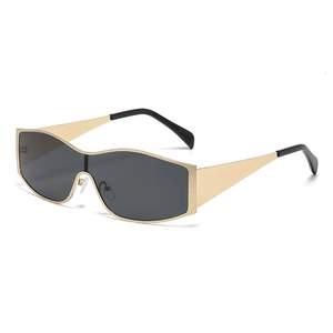 Vintage oversized shield sunglasses with gold metal frame and dark grey UV lenses