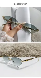 Detail showing green gradient lenses and gold metal temples with pyramid rivets texture