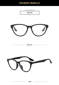 Detail view of black cat-eye anti-blue light glasses frames showing front and side angles