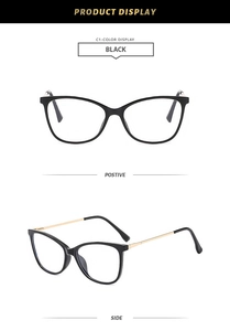 Detail view of black cat-eye glasses frame with sleek golden metal temples