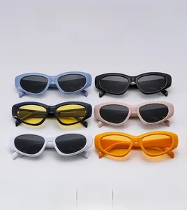 Vertical array of stylish cat eye sunglasses in various retro colors with oval frames