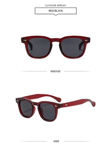 Detail view of wine red translucent square sunglasses with premium dark grey lenses