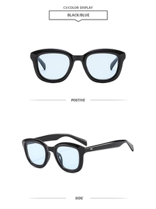 Detailed front and side views of black square frames with light blue lenses