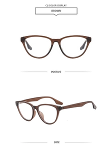 Detailed front and side view of oversized brown cat-eye anti-blue light glasses frames