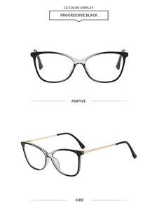 Detail view of cat-eye glasses frame in progressive black with gold metal temples