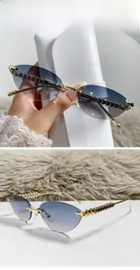 Detail of rimless cat-eye sunglasses in gradient blue with gold metal rivet temples